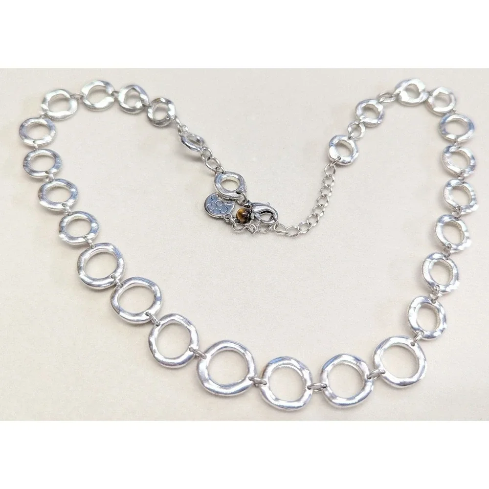 Liz & Co Claiborne Circle Link Necklace SilverTone Textured Modernist Tiger Eye